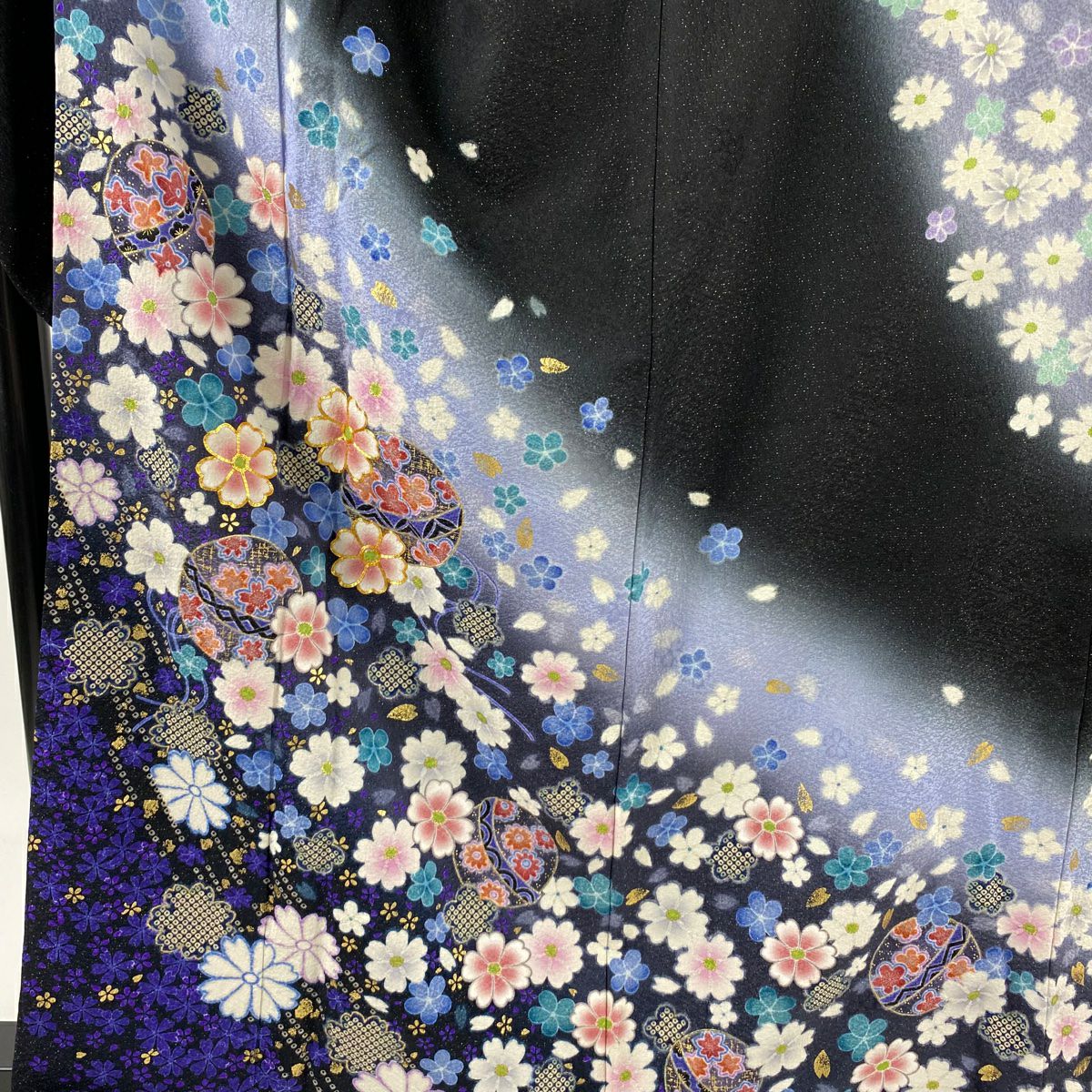 振袖禮服 身長161.5cm 袖長69.5cm L 雙層 手鞠 櫻花 金通 金絲 黑 純蠶絲 逸品級