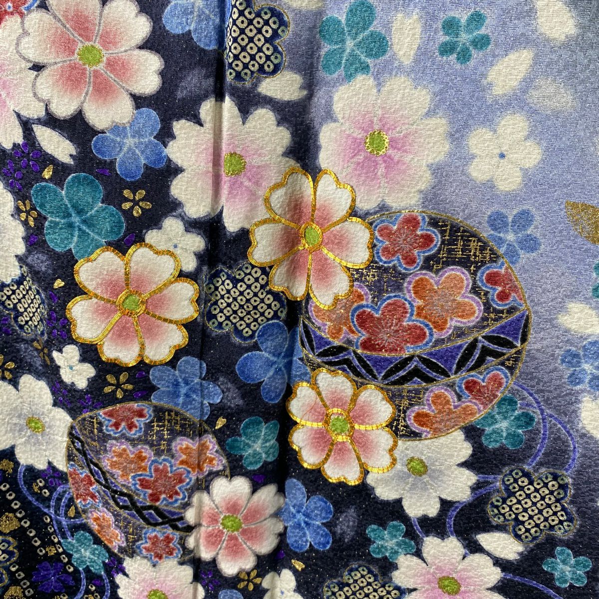 振袖禮服 身長161.5cm 袖長69.5cm L 雙層 手鞠 櫻花 金通 金絲 黑 純蠶絲 逸品級