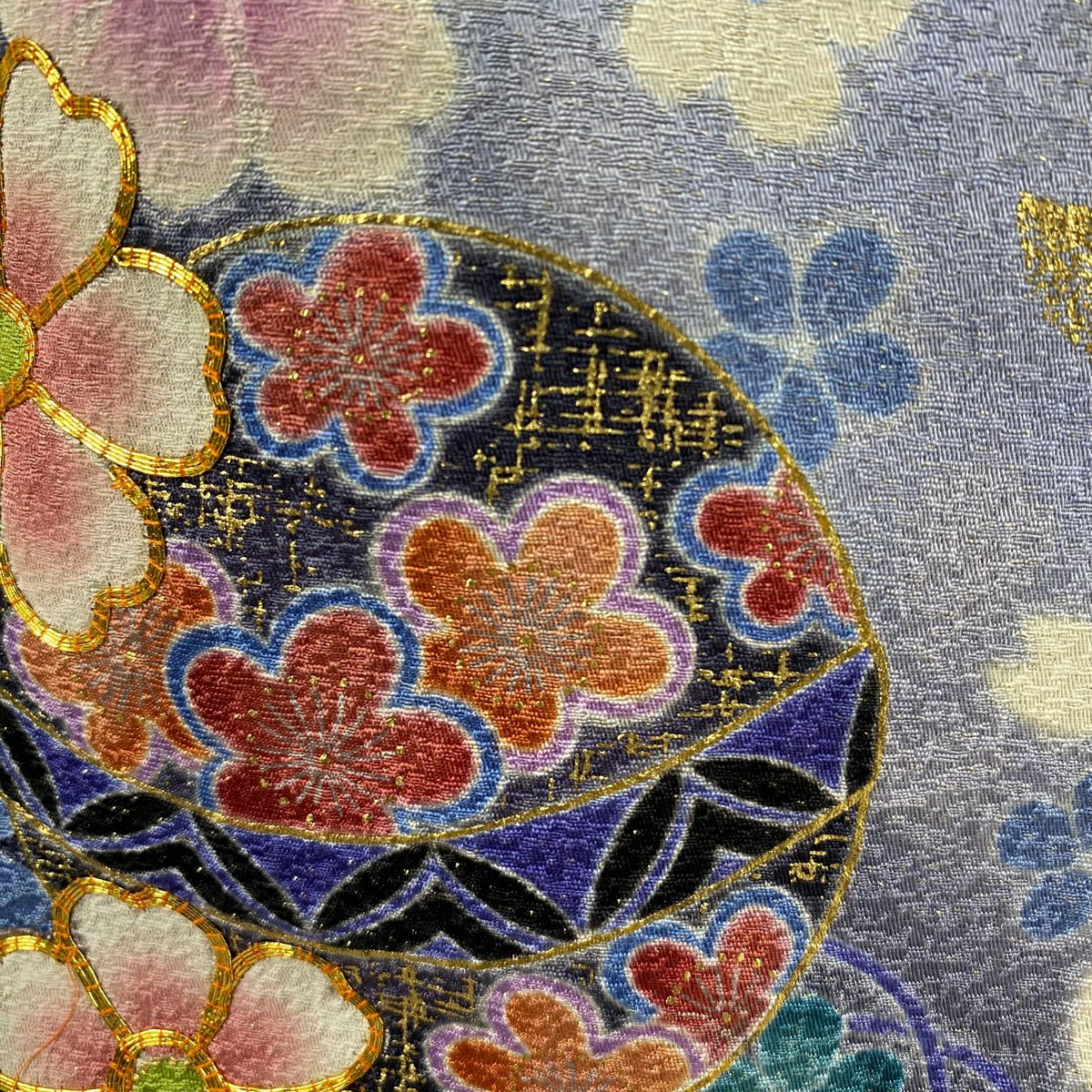 振袖禮服 身長161.5cm 袖長69.5cm L 雙層 手鞠 櫻花 金通 金絲 黑 純蠶絲 逸品級