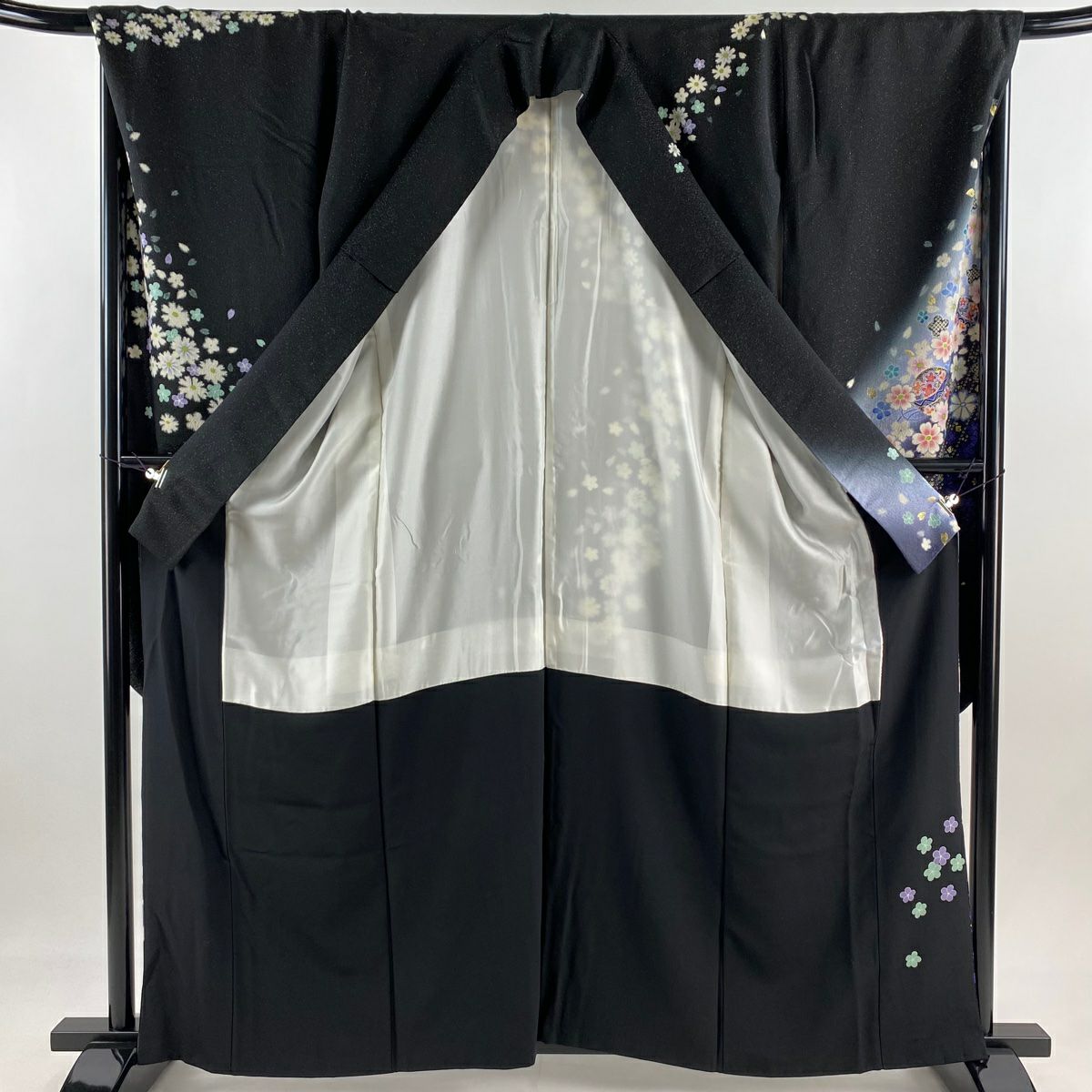 振袖禮服 身長161.5cm 袖長69.5cm L 雙層 手鞠 櫻花 金通 金絲 黑 純蠶絲 逸品級
