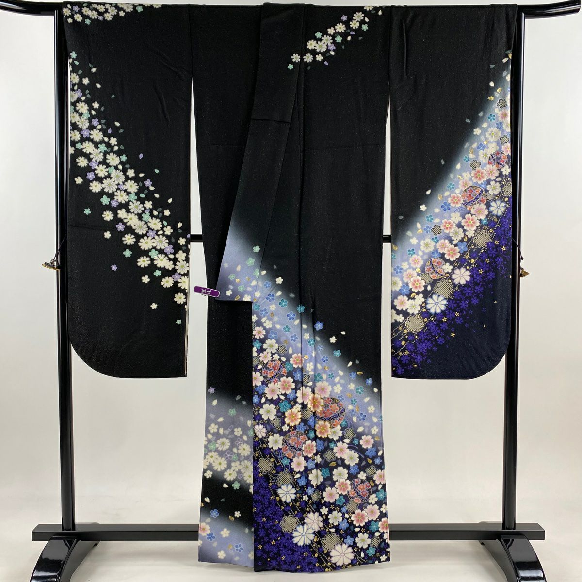 振袖禮服 身長161.5cm 袖長69.5cm L 雙層 手鞠 櫻花 金通 金絲 黑 純蠶絲 逸品級