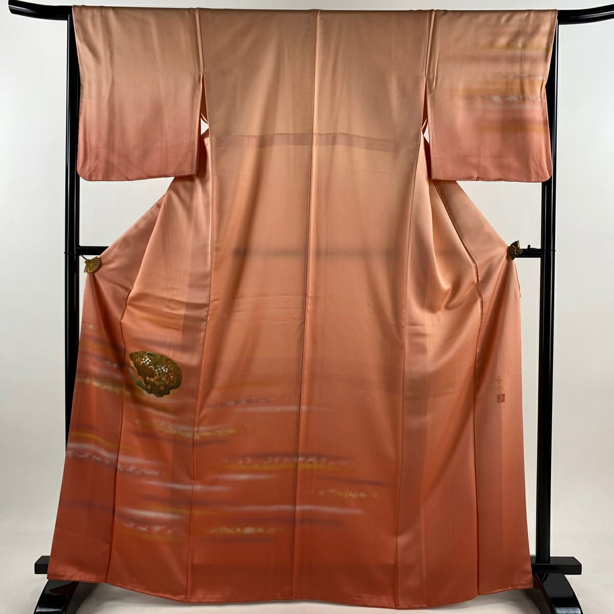 【美品】 付下 身長167cm 袖長65.5cm M 雙層 人間國寶 福田喜重 落款 秋草 霞刺繡 金銀彩 鮭粉色 純蠶絲 逸品級