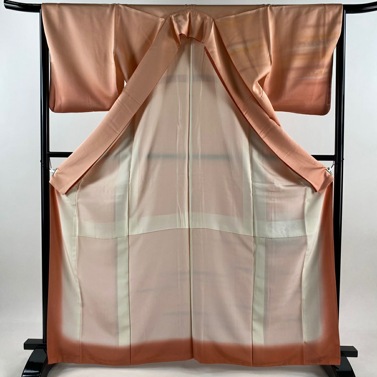 【美品】 付下 身長167cm 袖長65.5cm M 雙層 人間國寶 福田喜重 落款 秋草 霞刺繡 金銀彩 鮭粉色 純蠶絲 逸品級