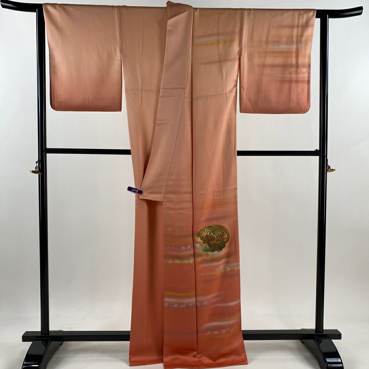 【美品】 付下 身長167cm 袖長65.5cm M 雙層 人間國寶 福田喜重 落款 秋草 霞刺繡 金銀彩 鮭粉色 純蠶絲 逸品級