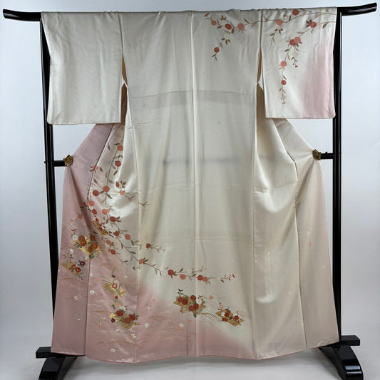 訪問服 身長162.5cm 袖長66cm M 雙層 吾妻德穗 鈴乃屋 落款あり 枝花 花筏 金絲 金銀彩 奶油色 純蠶絲 逸品級