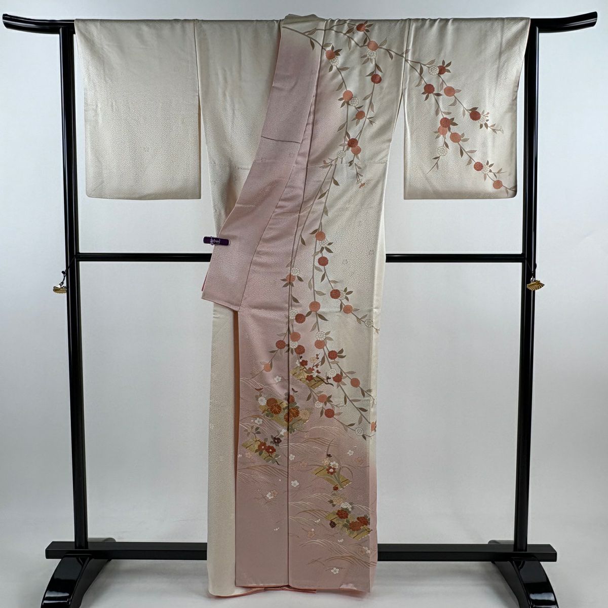 訪問服 身長162.5cm 袖長66cm M 雙層 吾妻德穗 鈴乃屋 落款あり 枝花 花筏 金絲 金銀彩 奶油色 純蠶絲 逸品級