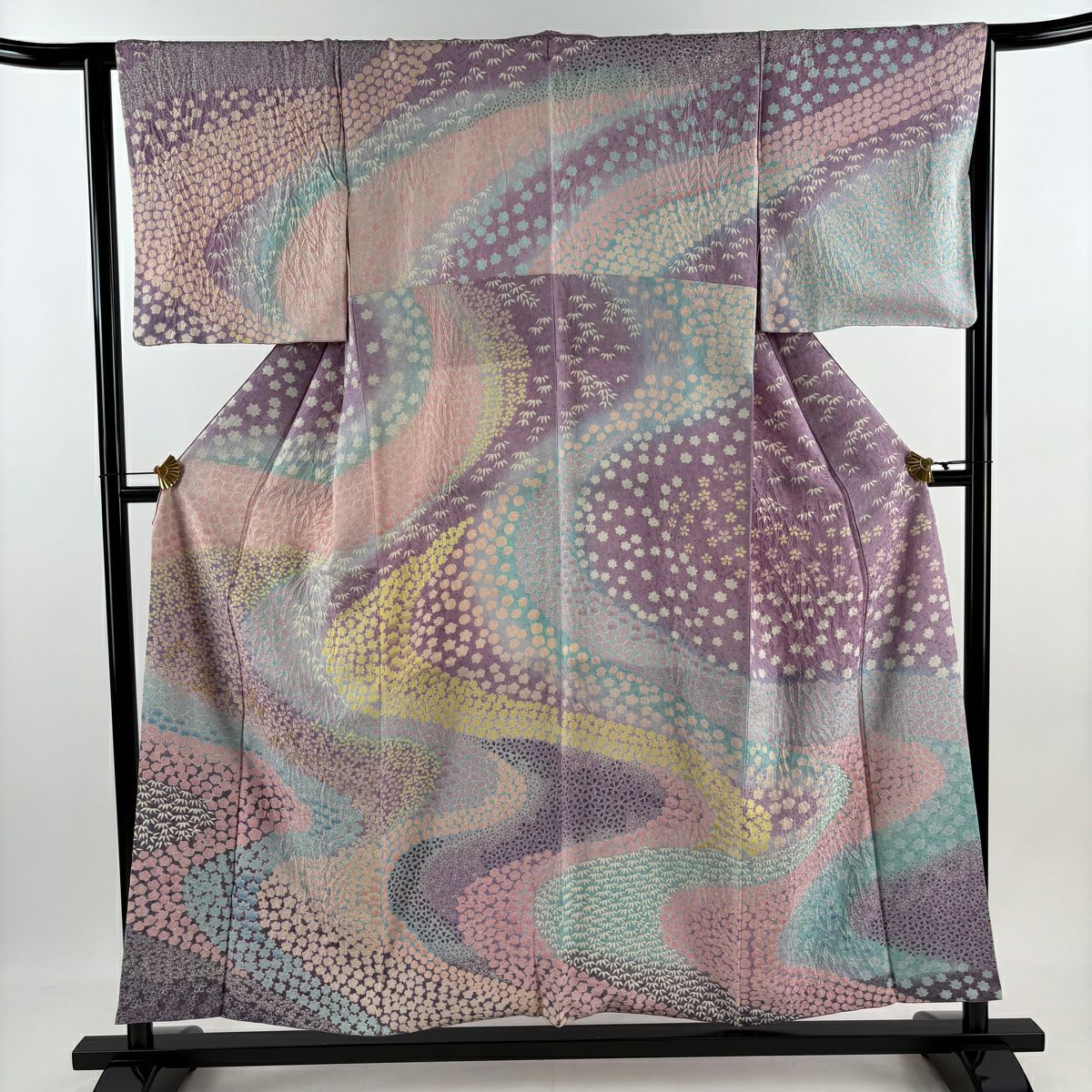 【美品】訪問服 身長155cm 袖長64cm M 雙層 櫻花 流水 金銀彩 刺繡 淺紫 純蠶絲 逸品級
