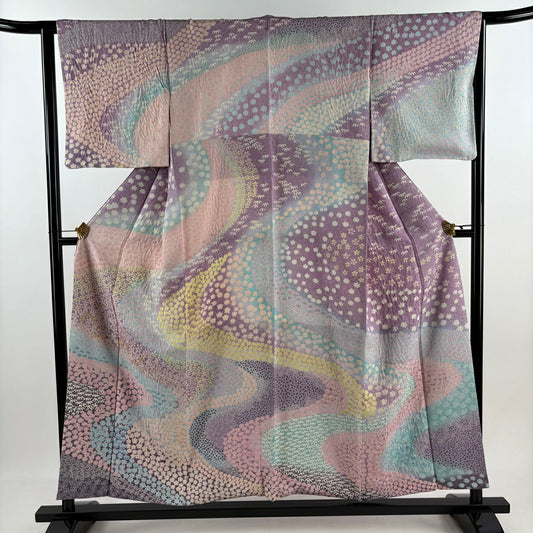 【美品】訪問服 身長155cm 袖長64cm M 雙層 櫻花 流水 金銀彩 刺繡 淺紫 純蠶絲 逸品級