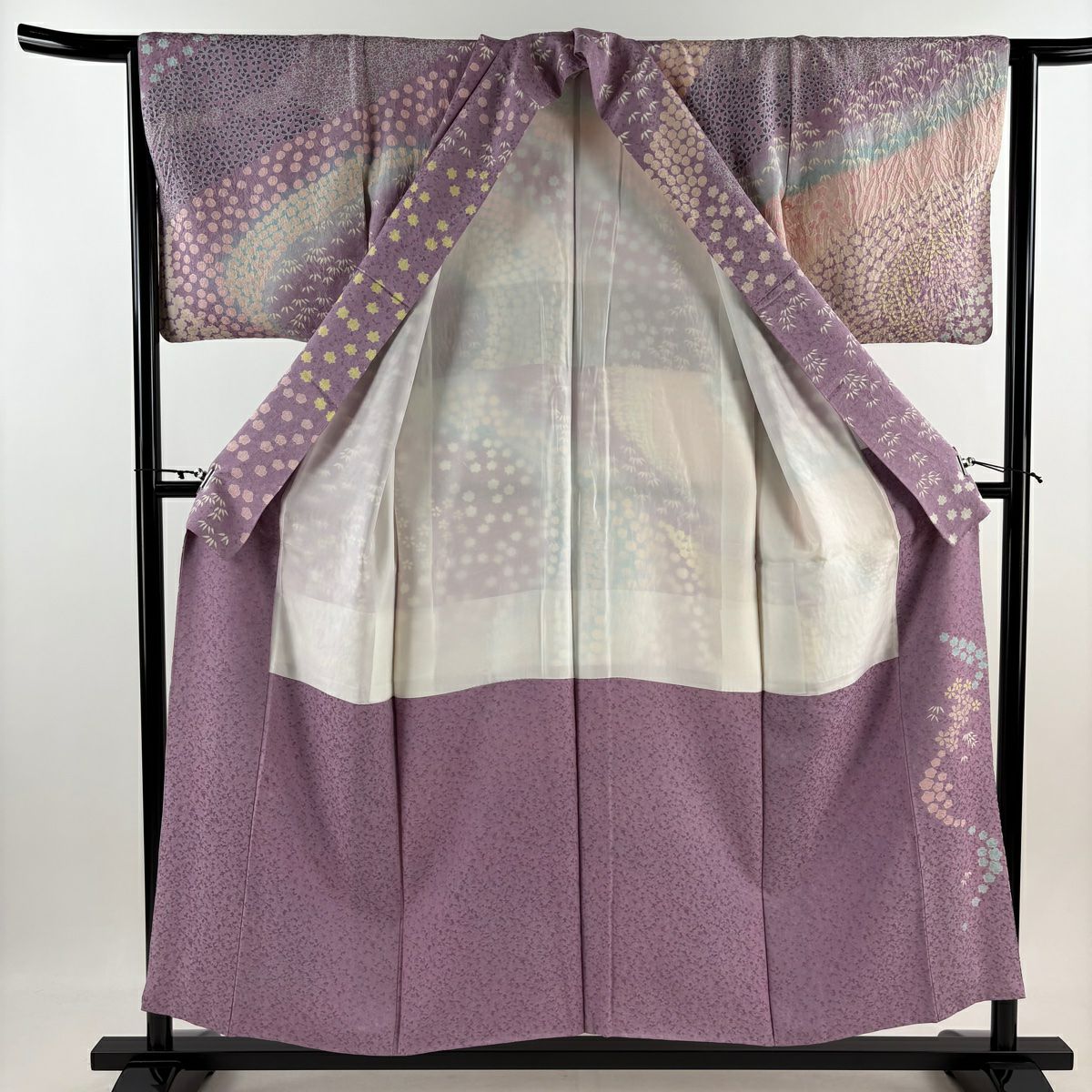 【美品】訪問服 身長155cm 袖長64cm M 雙層 櫻花 流水 金銀彩 刺繡 淺紫 純蠶絲 逸品級