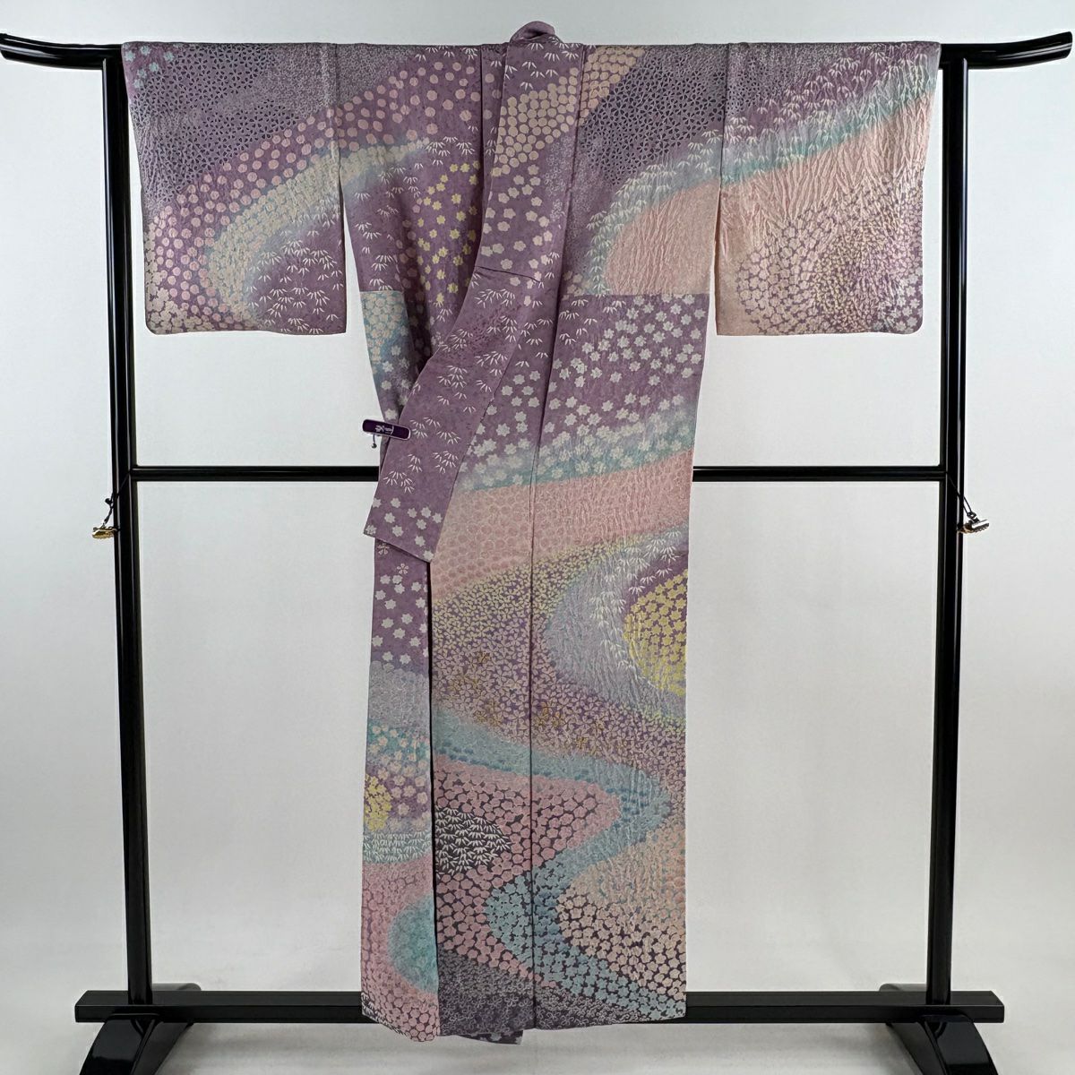 【美品】訪問服 身長155cm 袖長64cm M 雙層 櫻花 流水 金銀彩 刺繡 淺紫 純蠶絲 逸品級