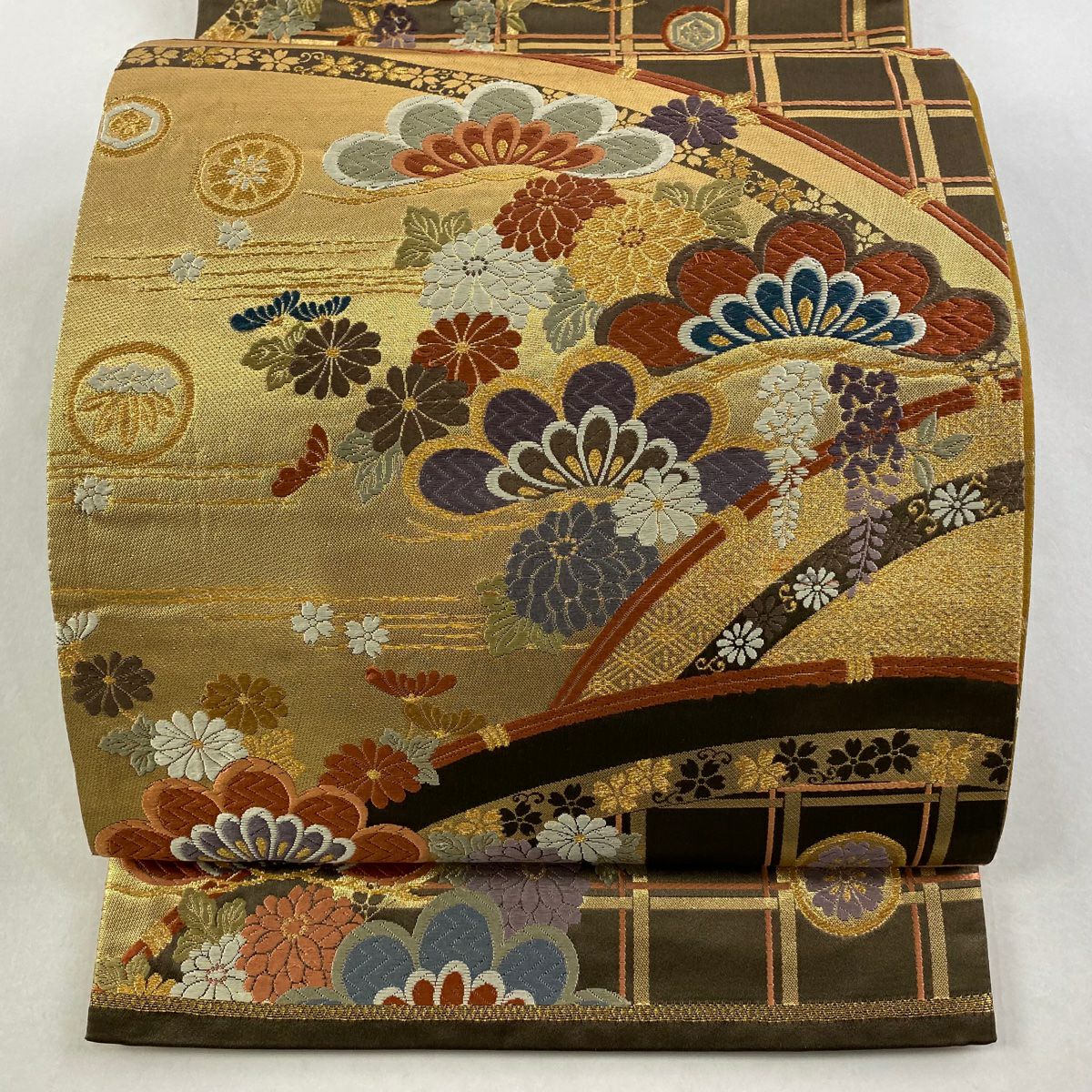 袋帶 秀品級 菊花 松樹 金絲 金金箔 焦茶 六通 純蠶絲