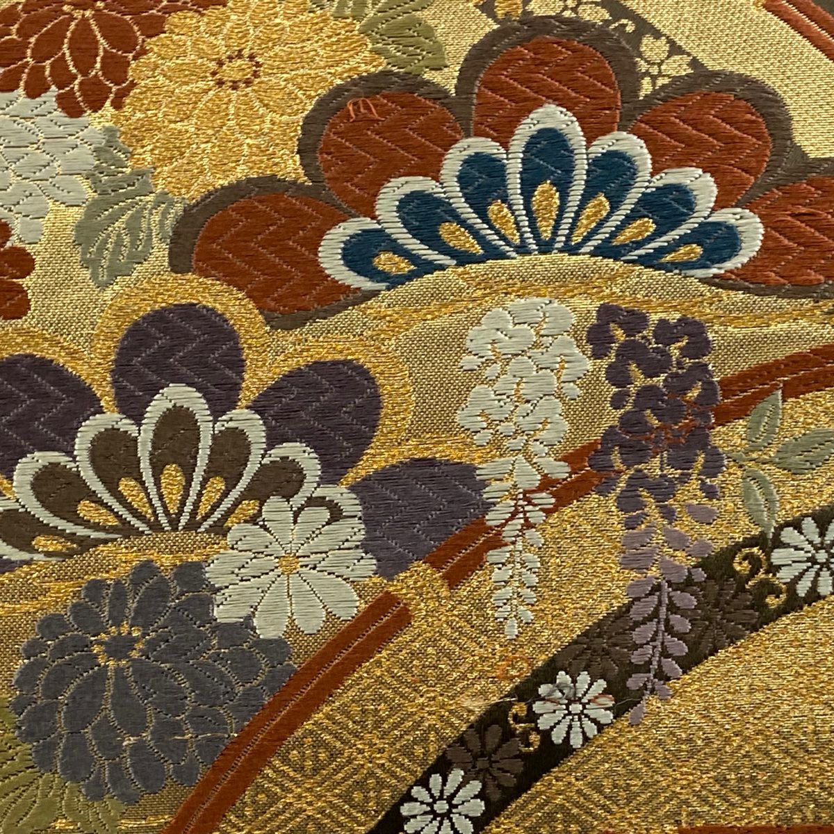 袋帶 秀品級 菊花 松樹 金絲 金金箔 焦茶 六通 純蠶絲