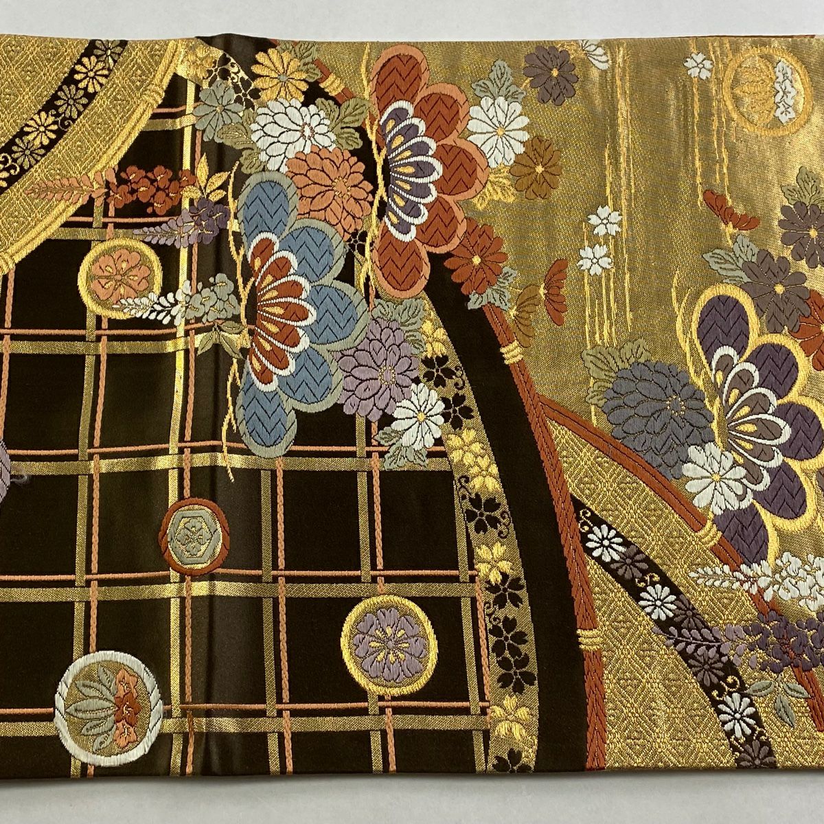 袋帶 秀品級 菊花 松樹 金絲 金金箔 焦茶 六通 純蠶絲