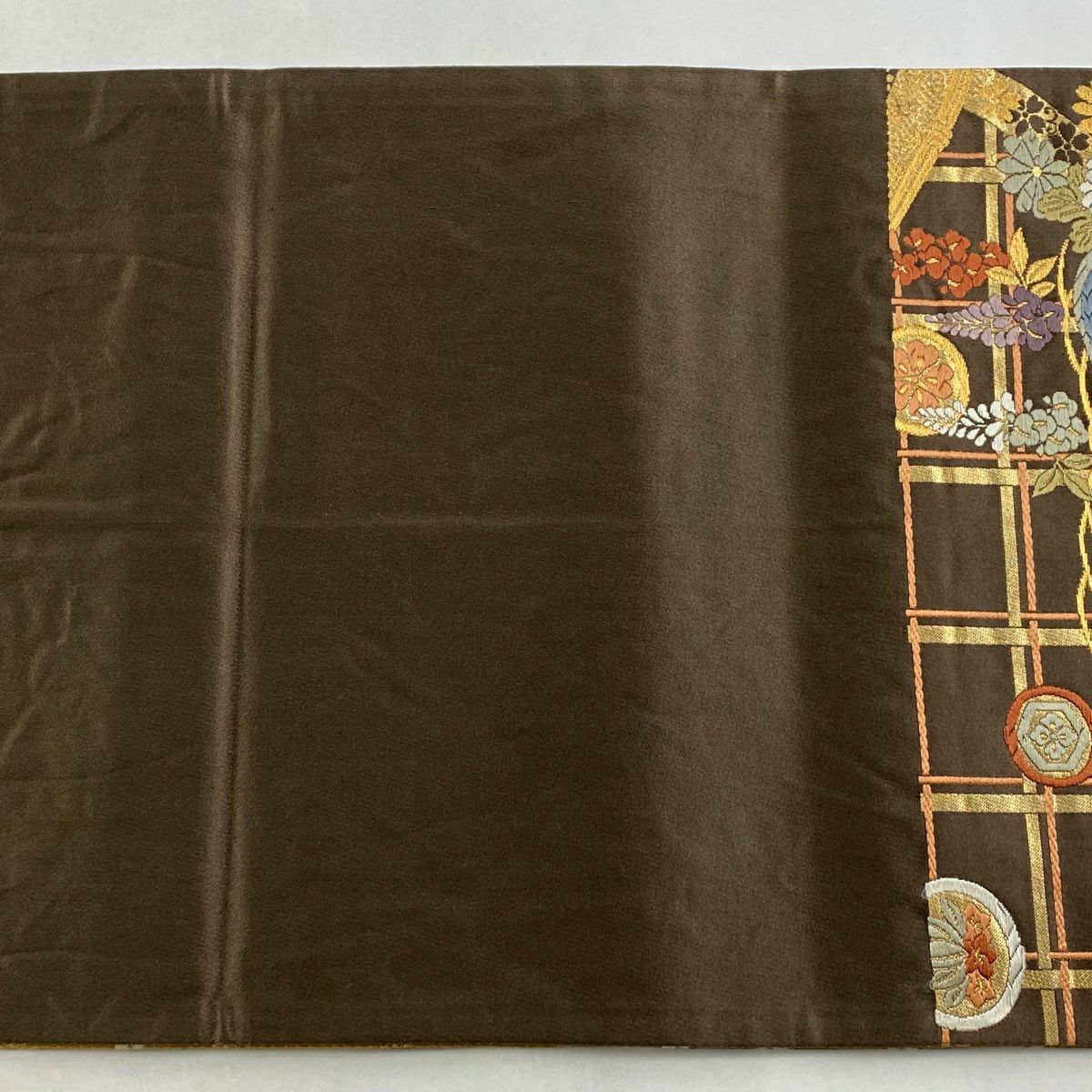 袋帶 秀品級 菊花 松樹 金絲 金金箔 焦茶 六通 純蠶絲