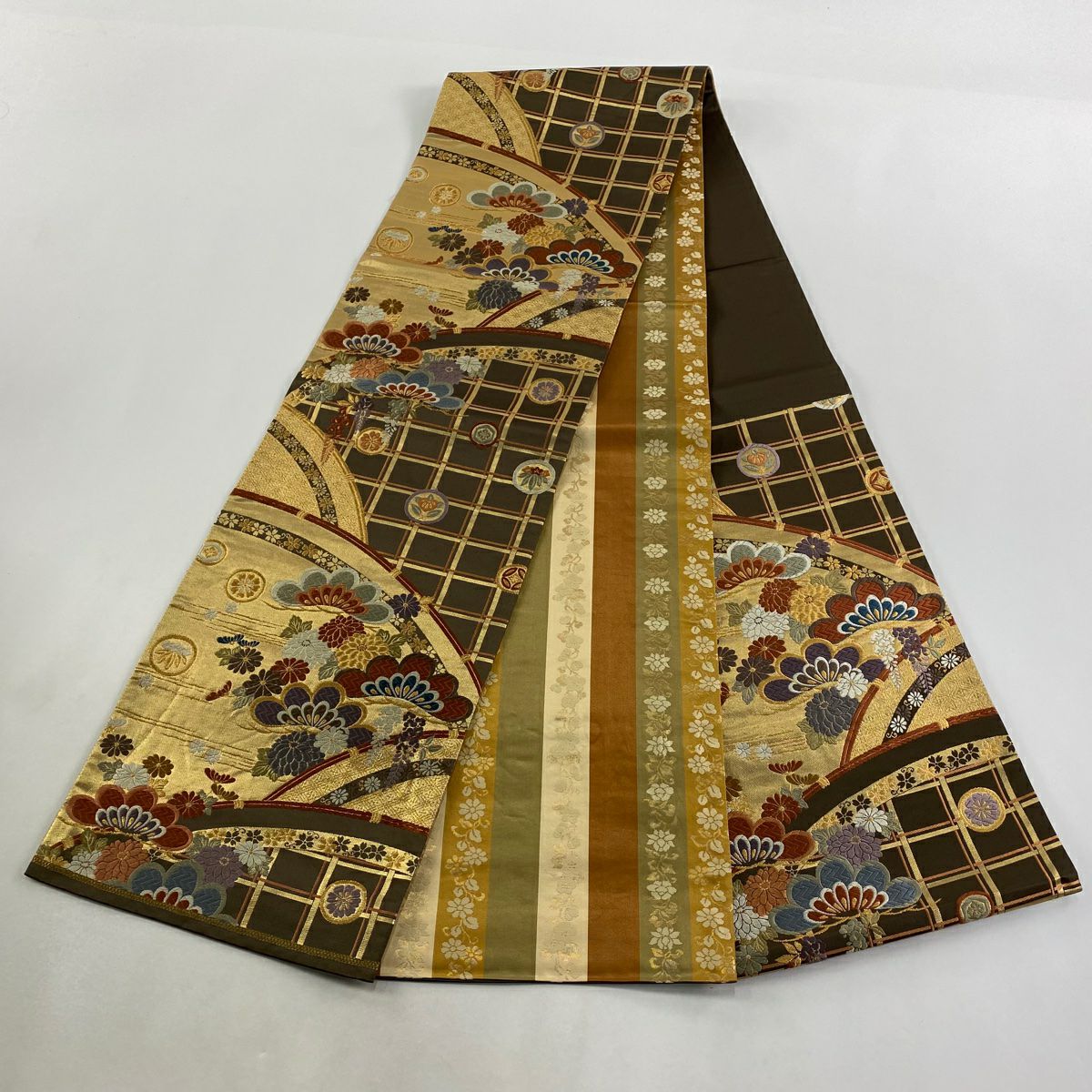 袋帶 秀品級 菊花 松樹 金絲 金金箔 焦茶 六通 純蠶絲
