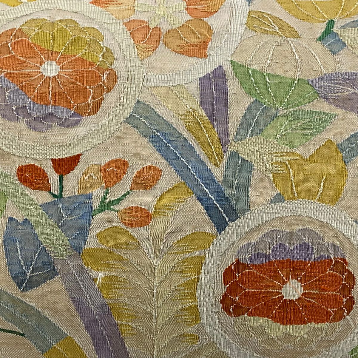 【美品】 袋帶 秀品級 關西仕立 草花紋 金糸 橙色 お太鼓柄 純蠶絲