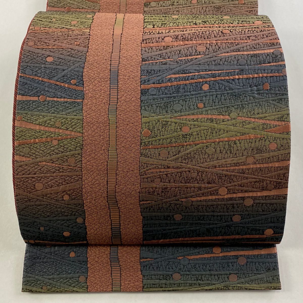 【美品】 袋帶 秀品級 幾何學 金金箔 粉米色 六通 純蠶絲