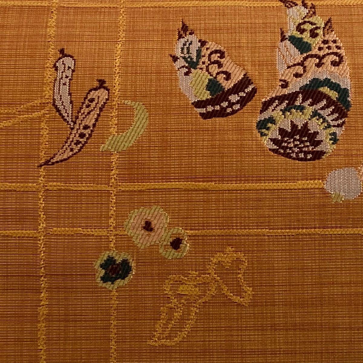【美品】名古屋帶 秀品級 紬織織 生物圖案 花 紅茶 純蠶絲