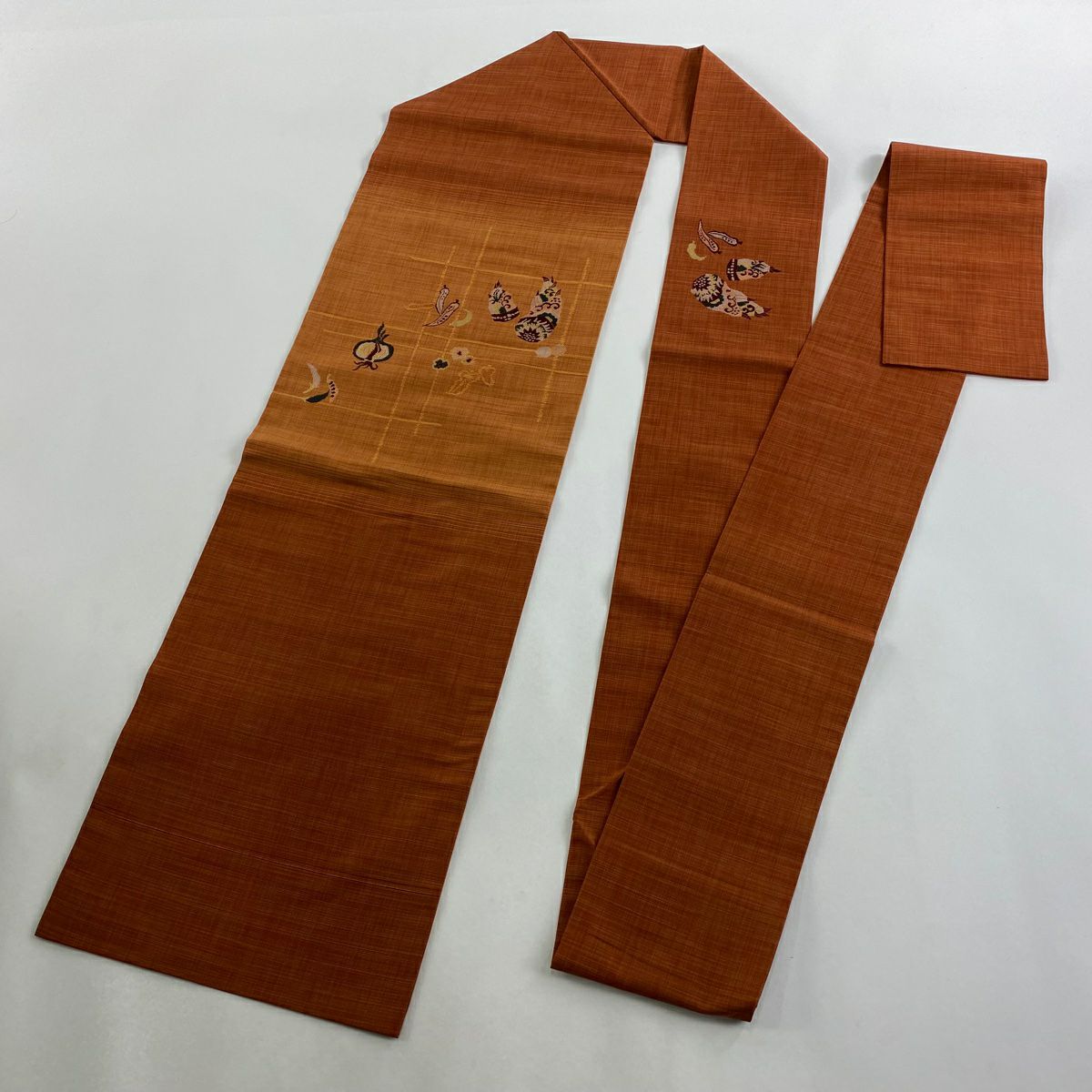 【美品】名古屋帶 秀品級 紬織織 生物圖案 花 紅茶 純蠶絲