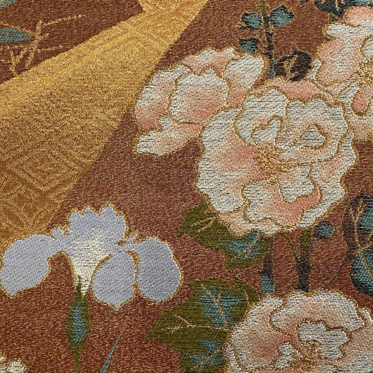 【美品】 袋帶 秀品級 草花紋紋 七寶紋 金銀彩 金金箔 紅茶 六通 純蠶絲