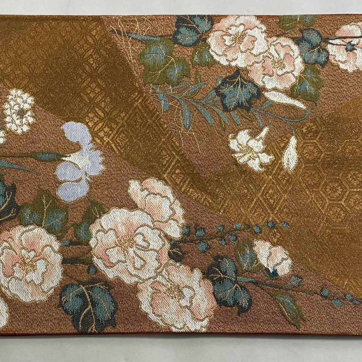 【美品】 袋帶 秀品級 草花紋紋 七寶紋 金銀彩 金金箔 紅茶 六通 純蠶絲