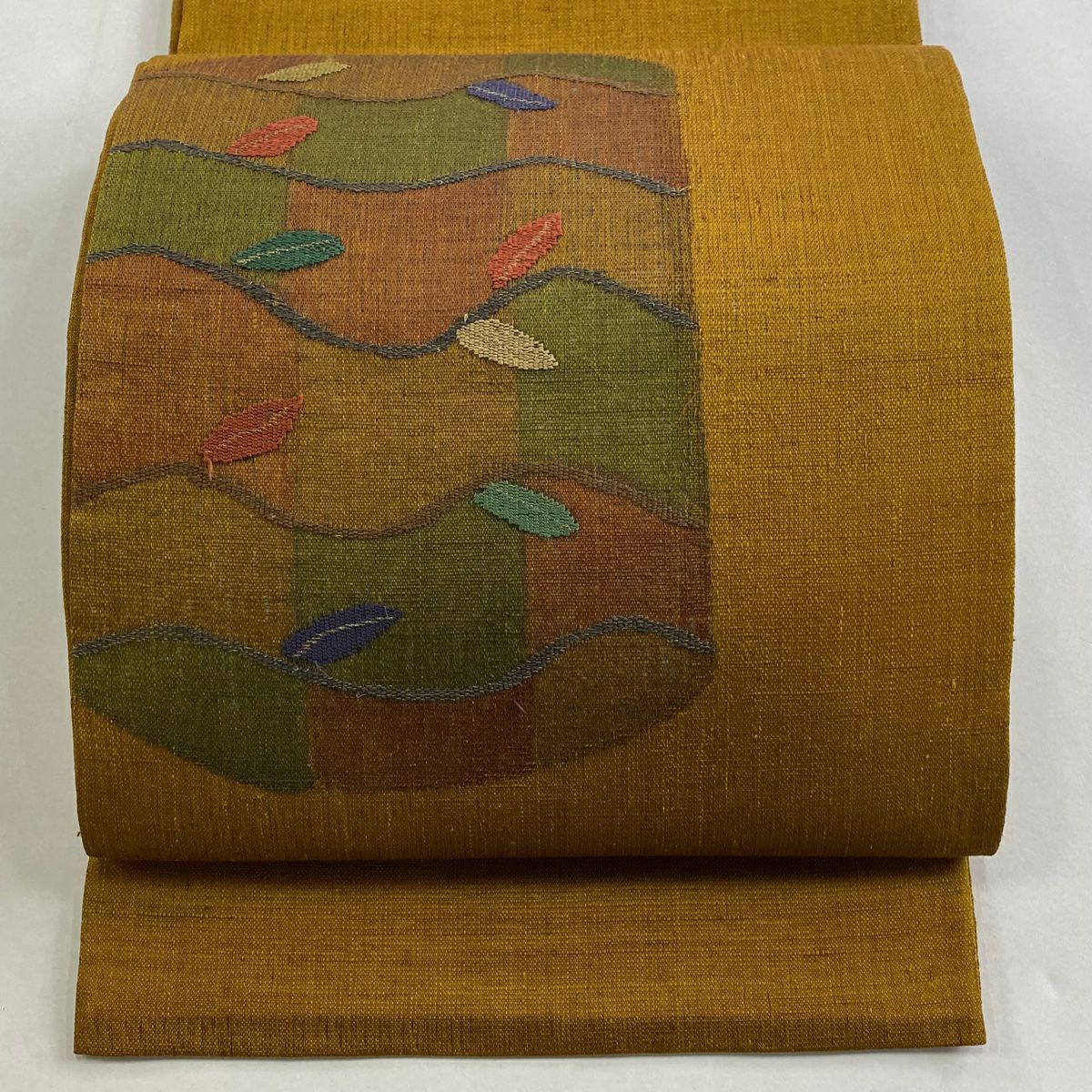 【美品】 袋帶 秀品級 葉柄 幾何圖案 金絲 山吹茶 紅色 正蠶絲