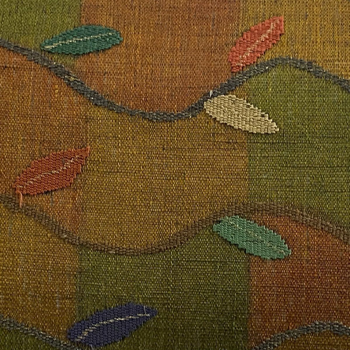 【美品】 袋帶 秀品級 葉柄 幾何圖案 金絲 山吹茶 紅色 正蠶絲