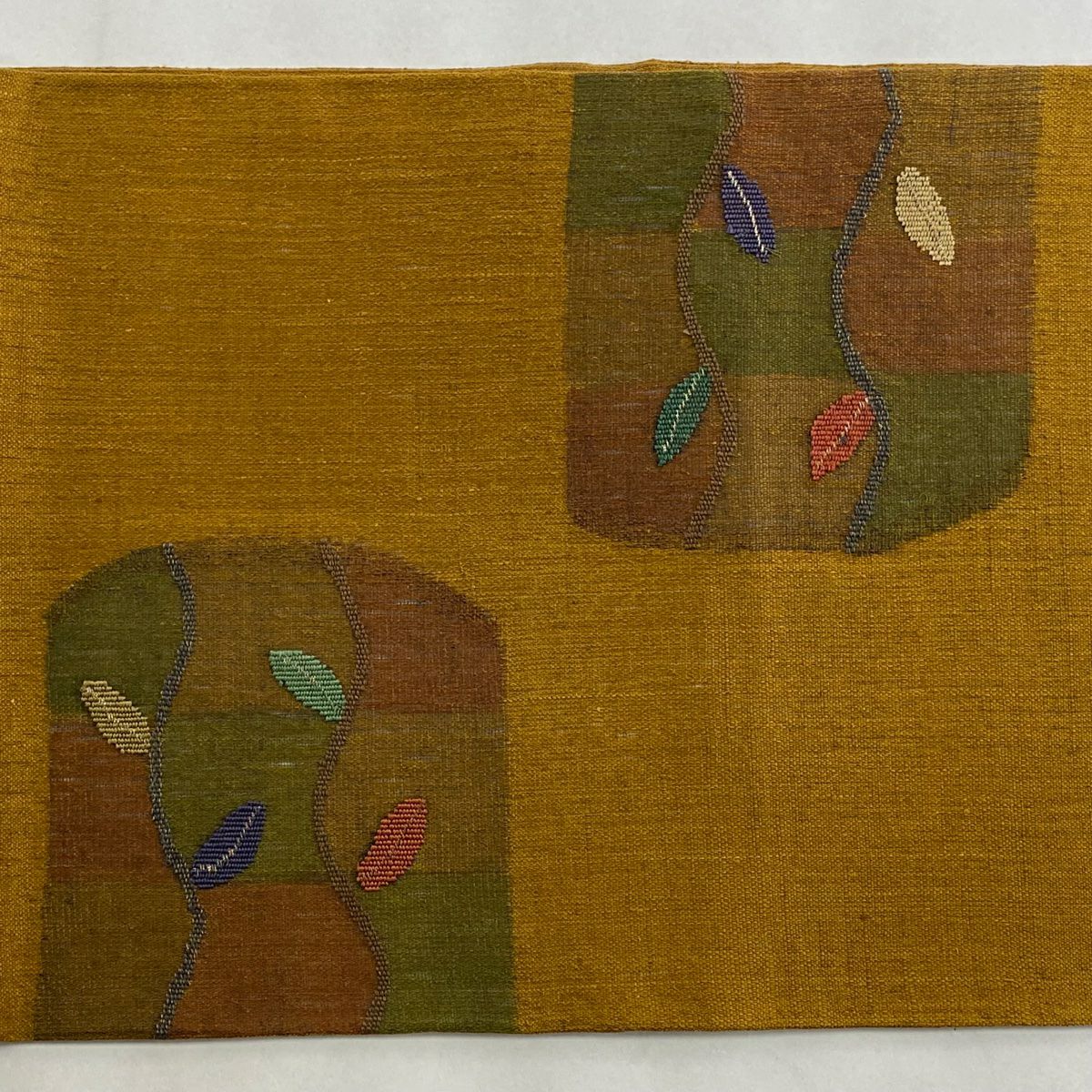 【美品】 袋帶 秀品級 葉柄 幾何圖案 金絲 山吹茶 紅色 正蠶絲