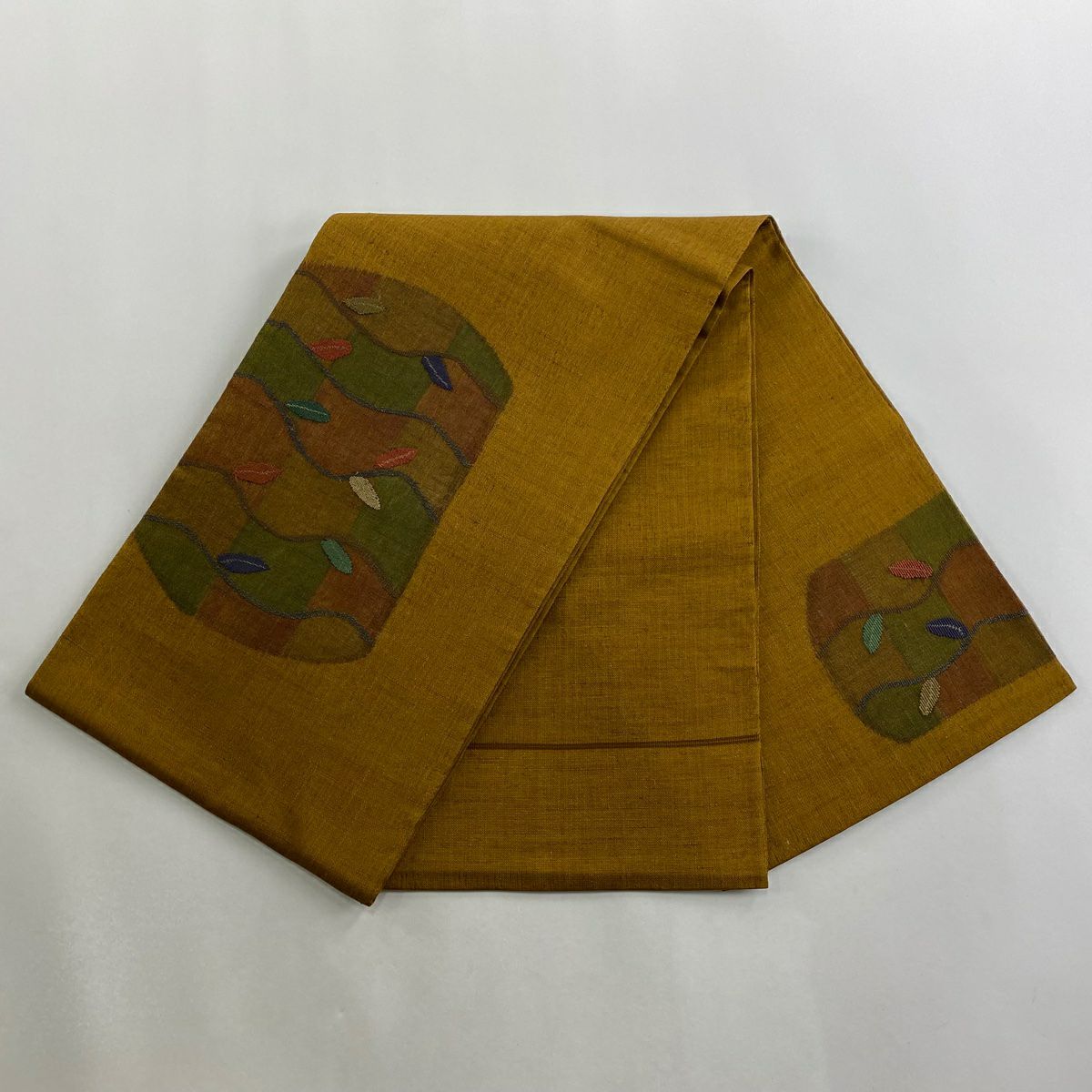 【美品】 袋帶 秀品級 葉柄 幾何圖案 金絲 山吹茶 紅色 正蠶絲