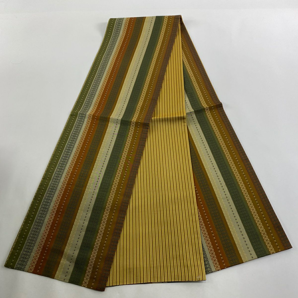 【美品】 袋帶 秀品級 紬織織 地 紋理 幾何圖案 茶 全通 純蠶絲