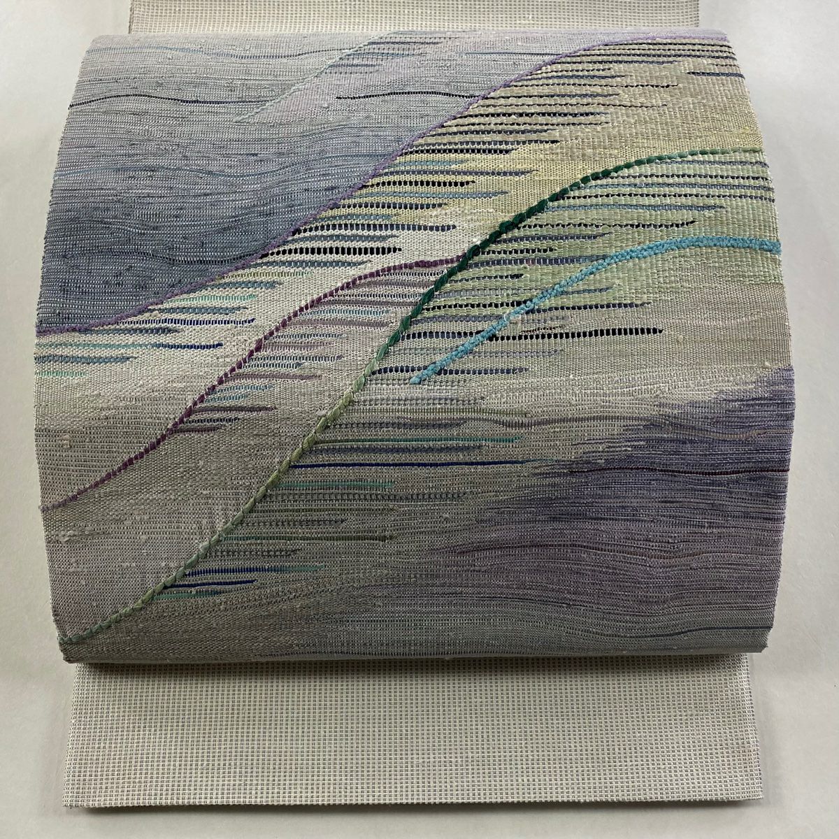 【美品】 袋帶 秀品級 山並 霞 薄紫 お太鼓圖案 純蠶絲