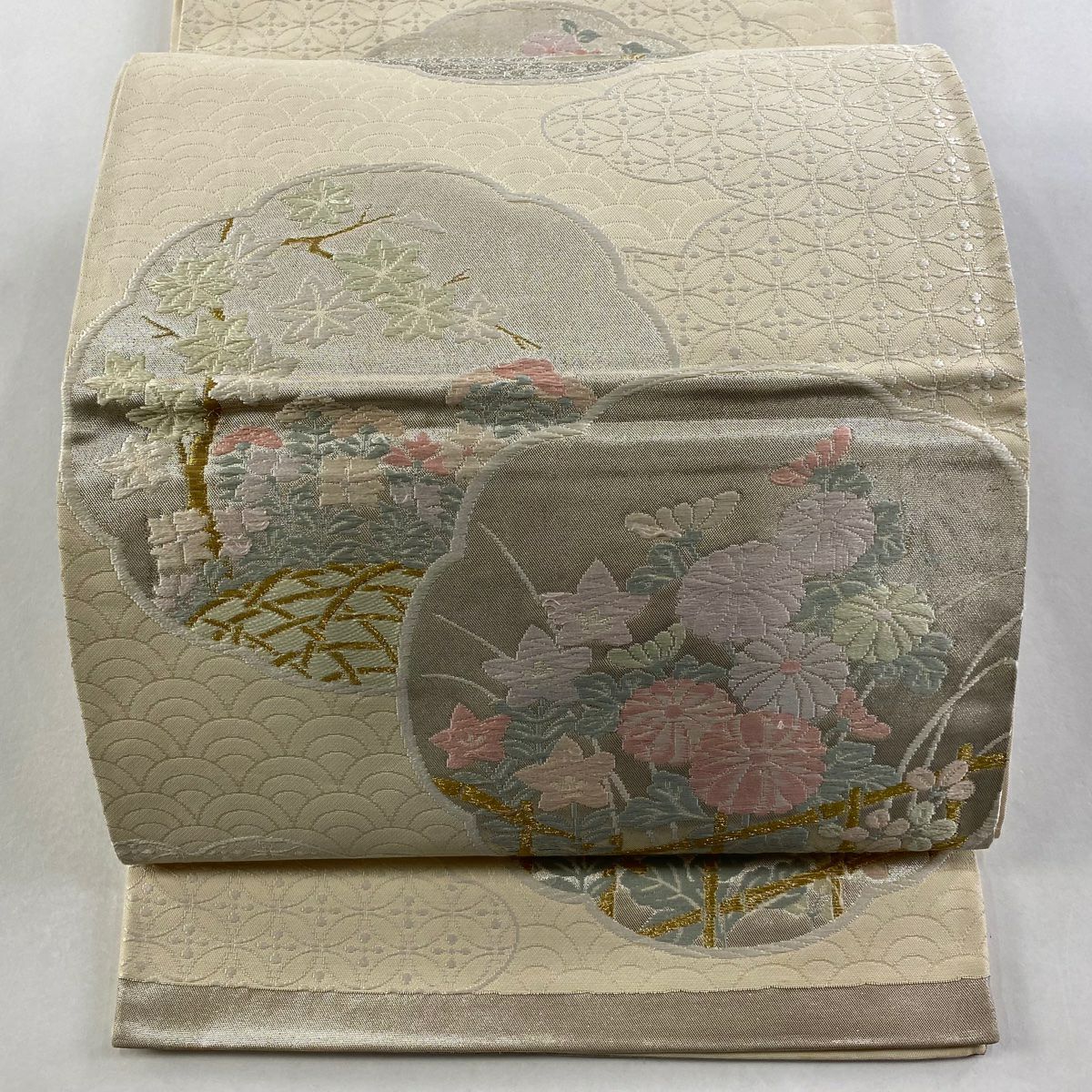 袋帶 秀品級 草花紋紋 七寶紋 連結 唐織 金絲 米色 六通 純蠶絲