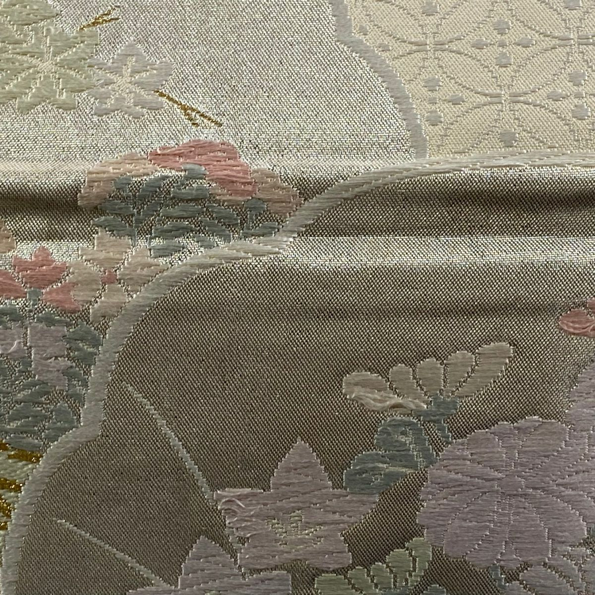 袋帶 秀品級 草花紋紋 七寶紋 連結 唐織 金絲 米色 六通 純蠶絲