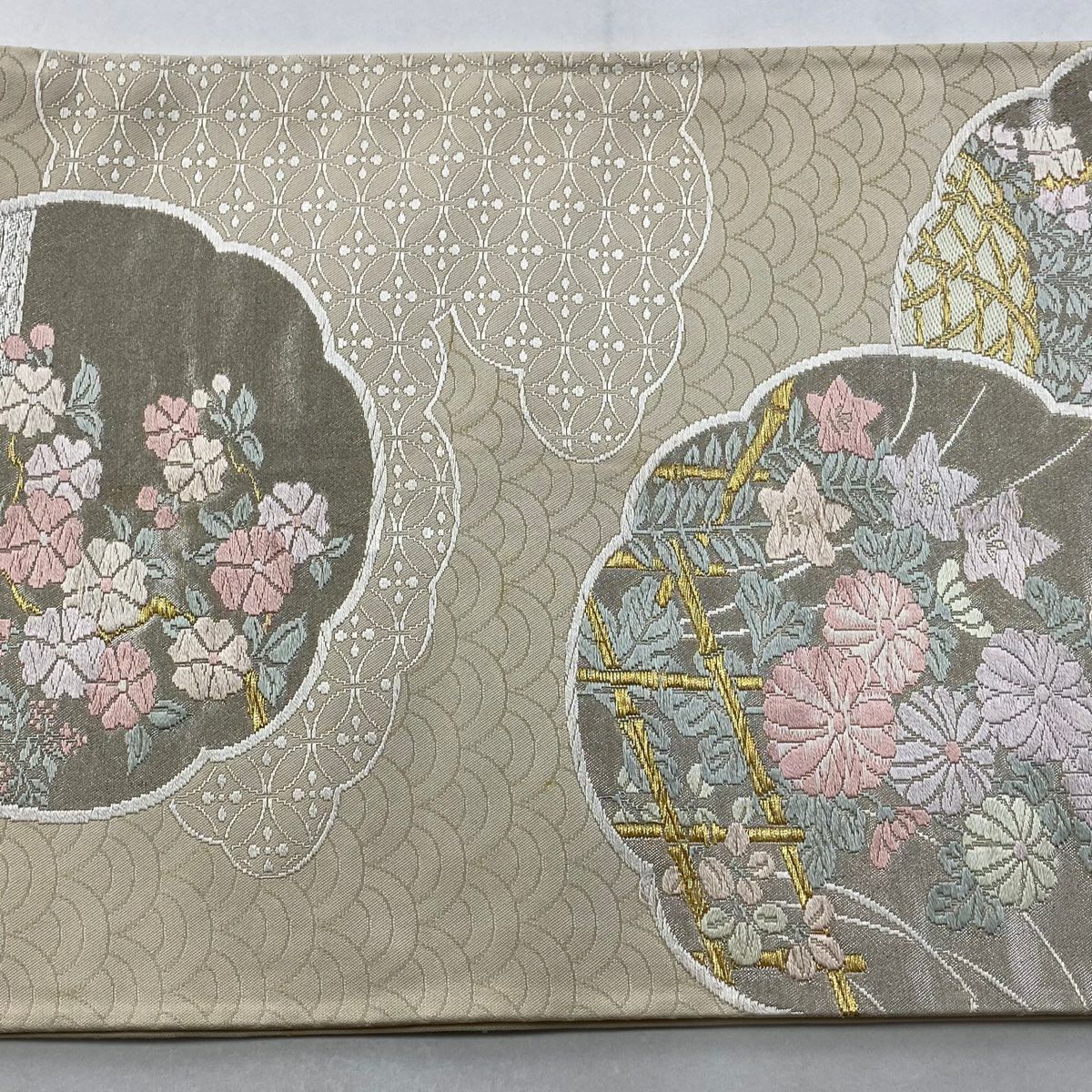 袋帶 秀品級 草花紋紋 七寶紋 連結 唐織 金絲 米色 六通 純蠶絲
