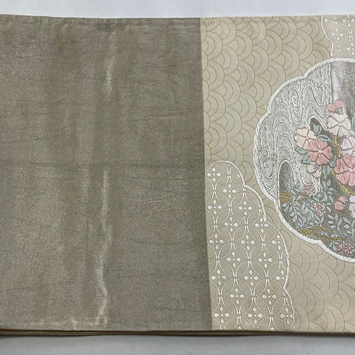 袋帶 秀品級 草花紋紋 七寶紋 連結 唐織 金絲 米色 六通 純蠶絲