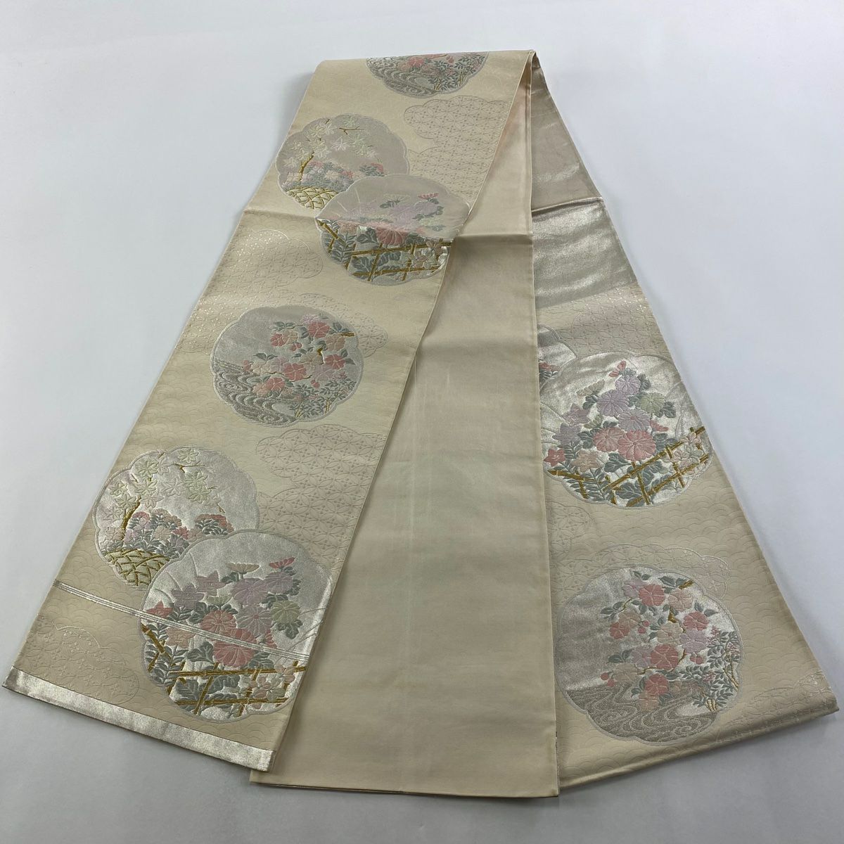 袋帶 秀品級 草花紋紋 七寶紋 連結 唐織 金絲 米色 六通 純蠶絲