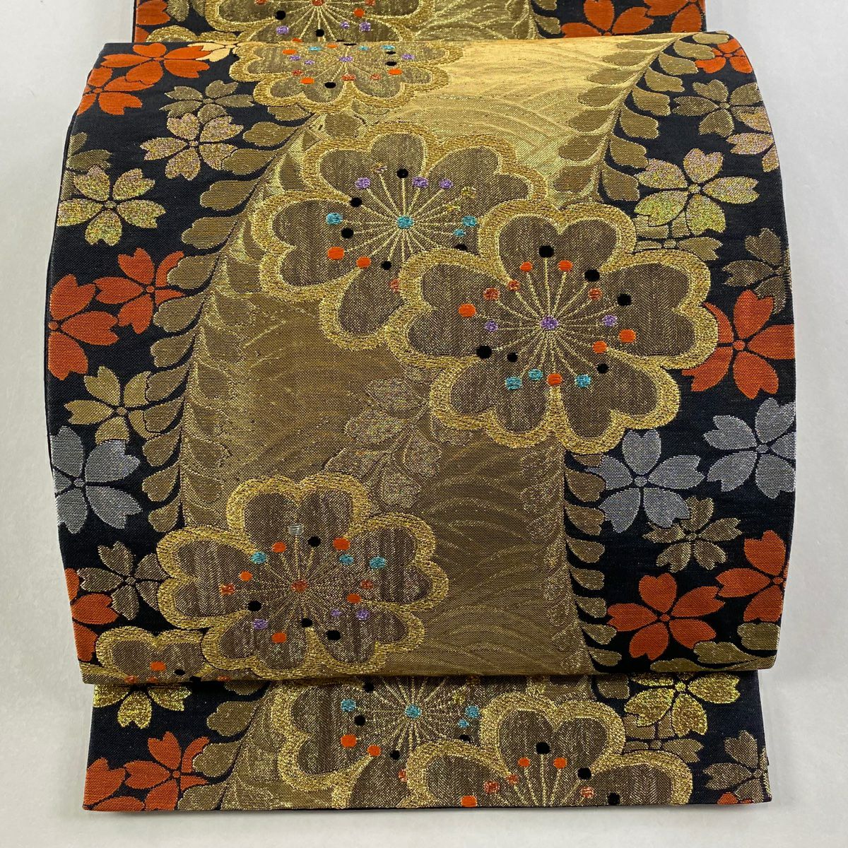 袋帶 秀品級 花 波 金絲 金金箔 黑 六通 純蠶絲