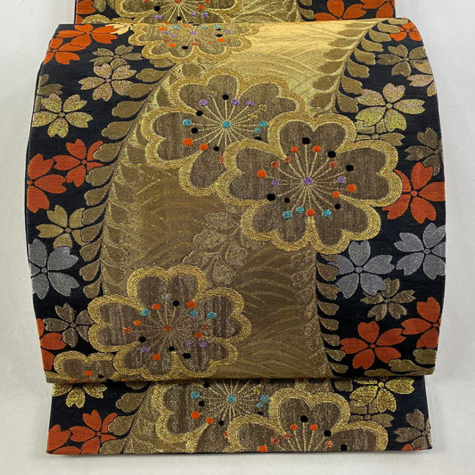 袋帶 秀品級 花 波 金絲 金金箔 黑 六通 純蠶絲