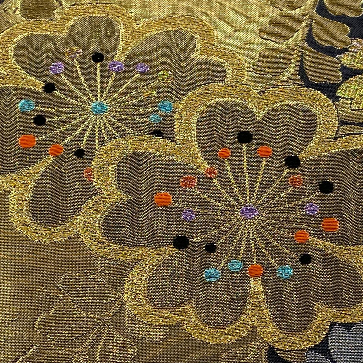 袋帶 秀品級 花 波 金絲 金金箔 黑 六通 純蠶絲