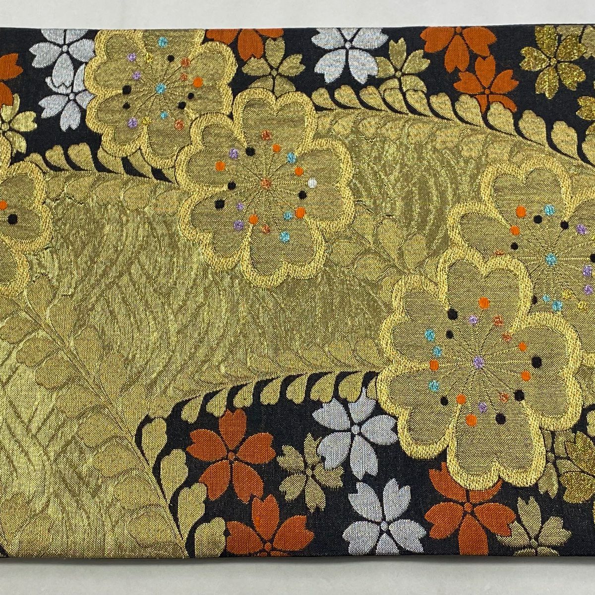 袋帶 秀品級 花 波 金絲 金金箔 黑 六通 純蠶絲