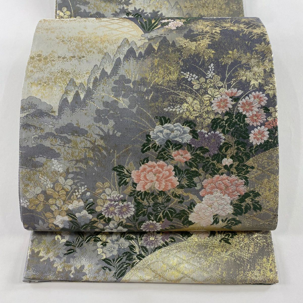 【美品】 袋帶 秀品級 草花紋紋 光悅垣 唐織 金金箔 青灰 六通 純蠶絲