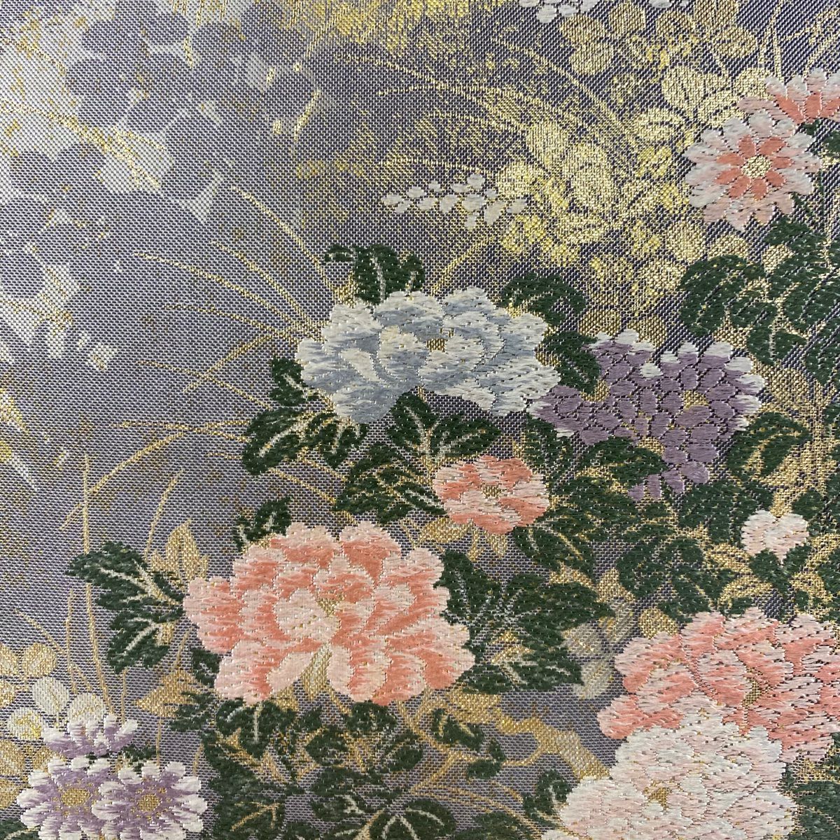 【美品】 袋帶 秀品級 草花紋紋 光悅垣 唐織 金金箔 青灰 六通 純蠶絲