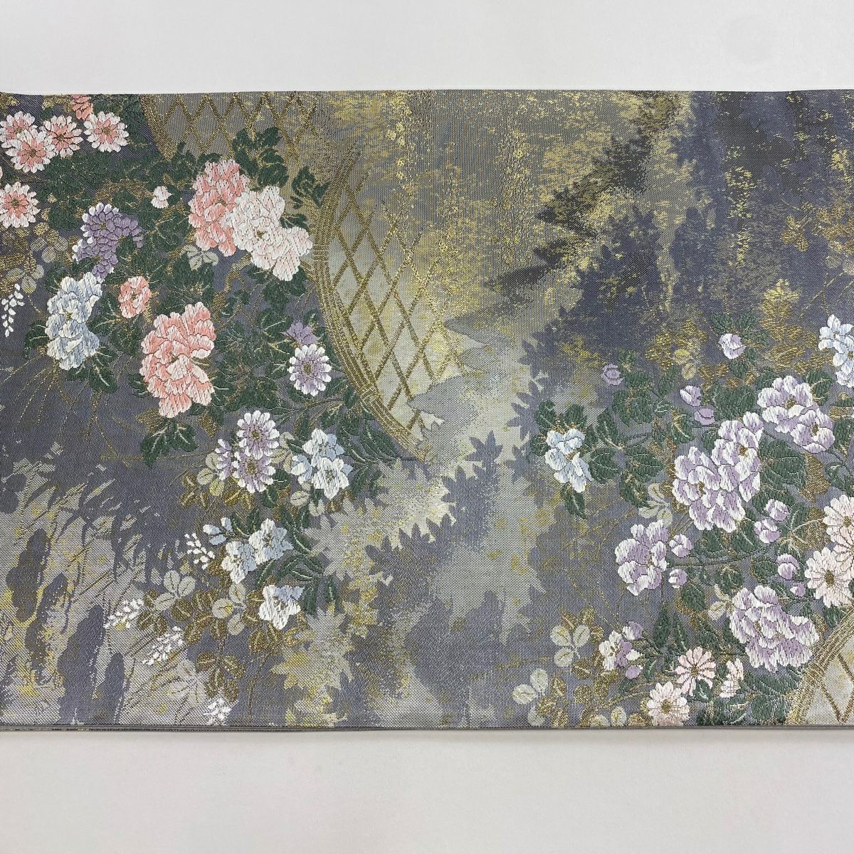 【美品】 袋帶 秀品級 草花紋紋 光悅垣 唐織 金金箔 青灰 六通 純蠶絲
