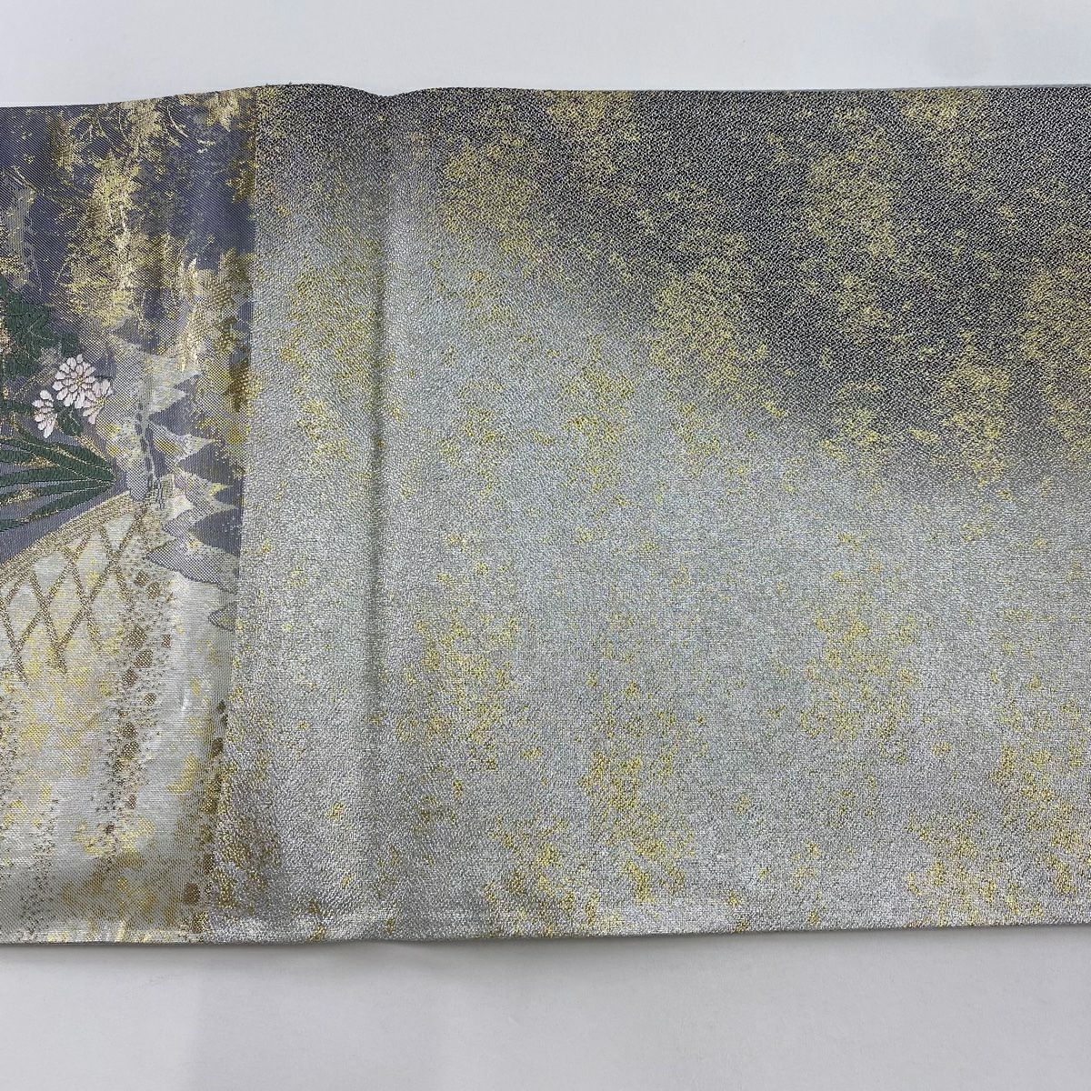 【美品】 袋帶 秀品級 草花紋紋 光悅垣 唐織 金金箔 青灰 六通 純蠶絲