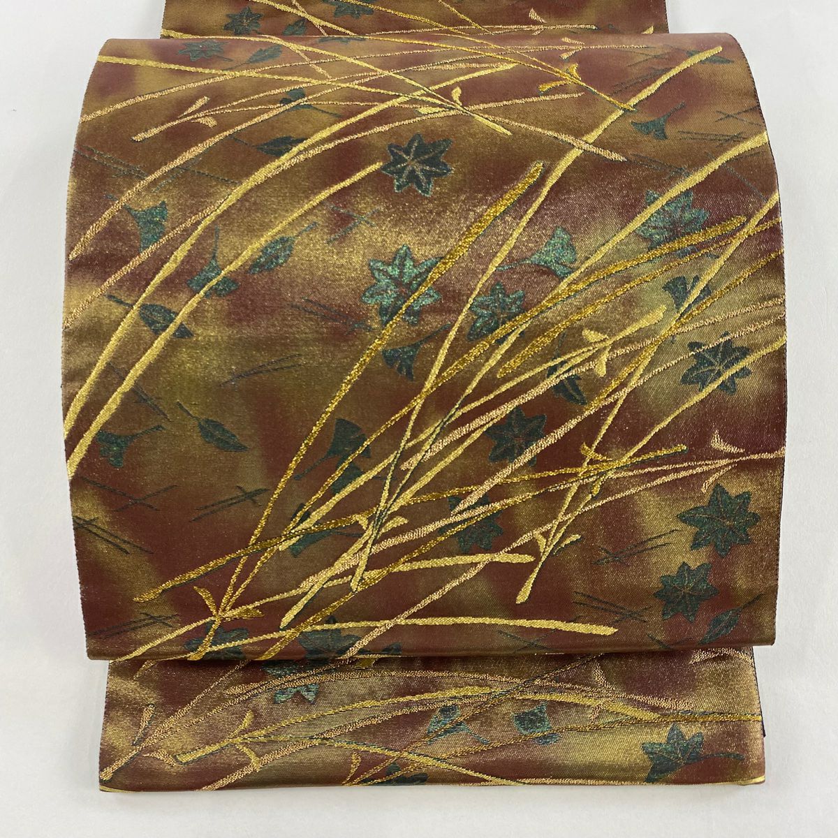 【美品】 袋帶 秀品級 吹寄 霞 金金箔 焦茶 六通 純蠶絲