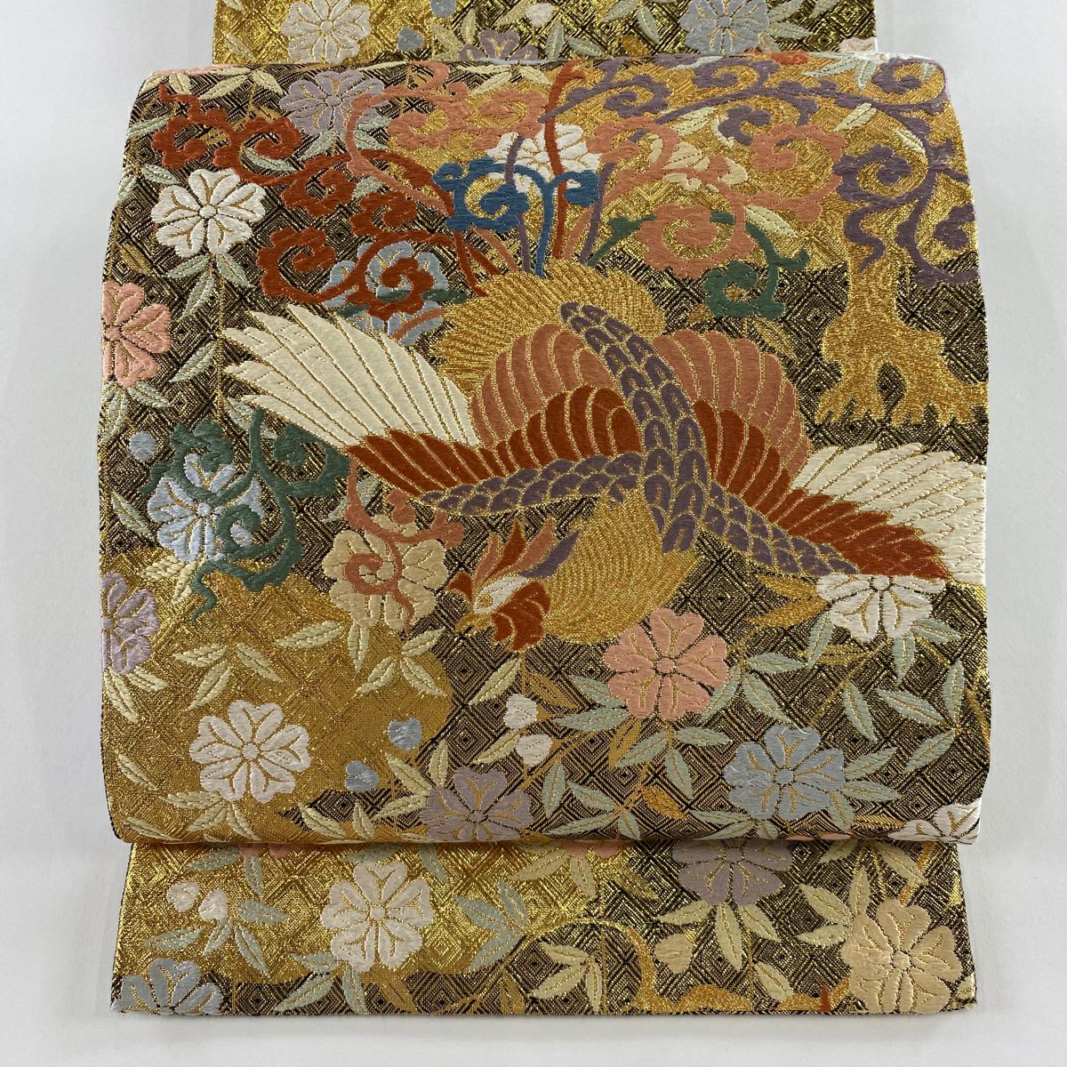 袋帶 秀品級 鳳凰 花唐草紋 金絲 唐織 金 六通 純蠶絲