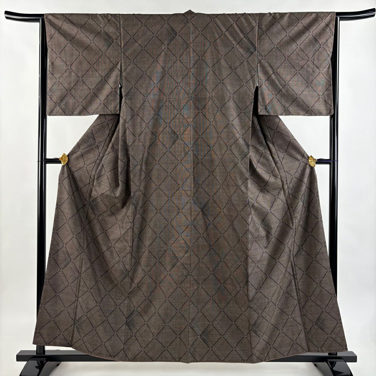 紬織織 身長159cm 袖長64.5cm M 雙層 斜格子 焦茶 純蠶絲 秀品級
