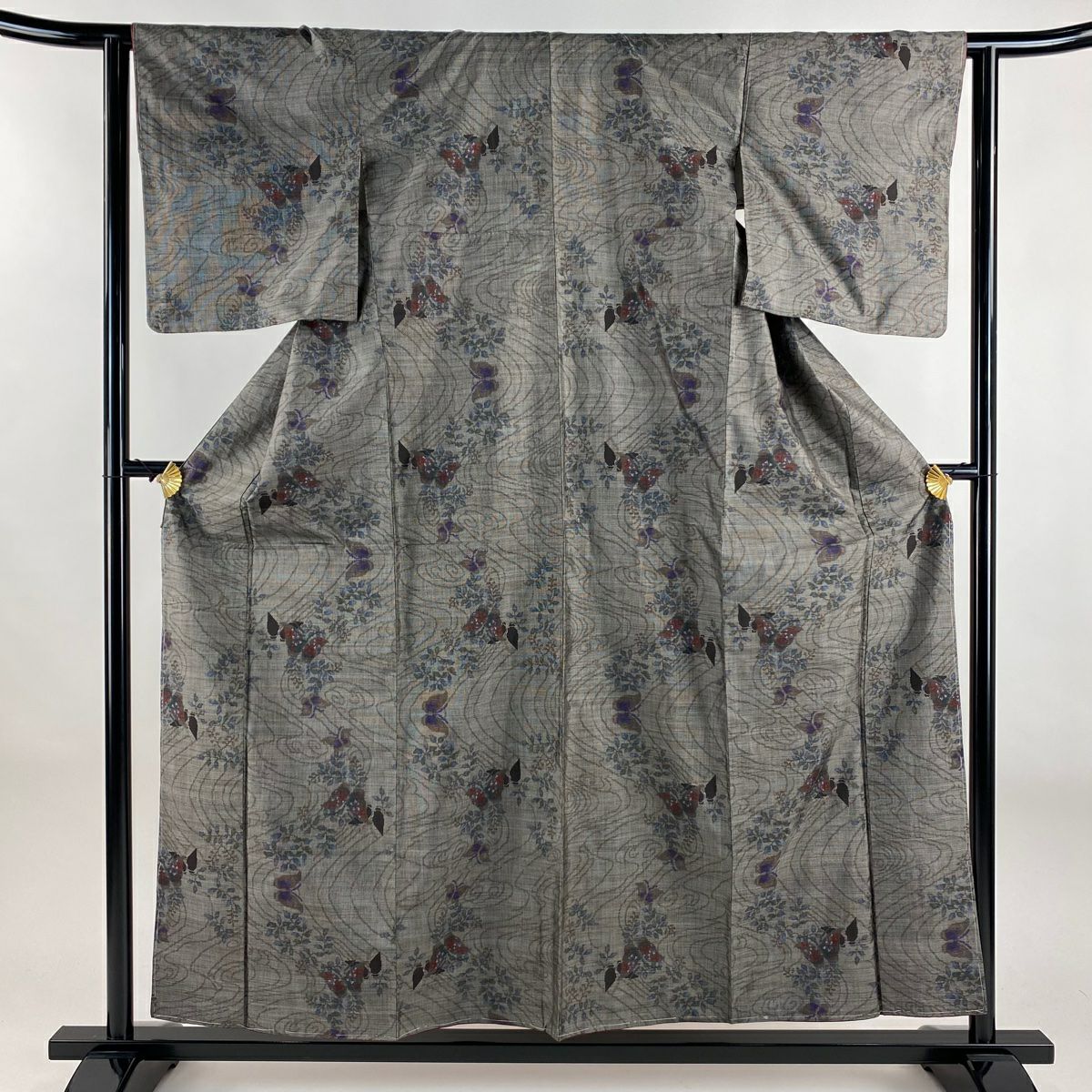 【美品】 紬織織 身長157.5cm 袖長62cm S 雙層 蝶 流水 黑灰 純蠶絲 秀品級