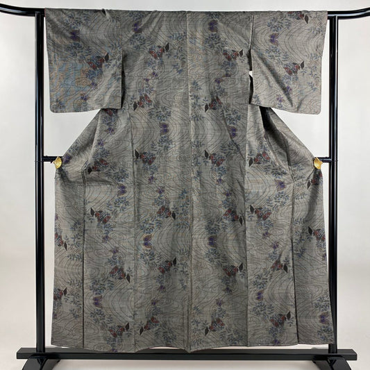 【美品】 紬織織 身長157.5cm 袖長62cm S 雙層 蝶 流水 黑灰 純蠶絲 秀品級