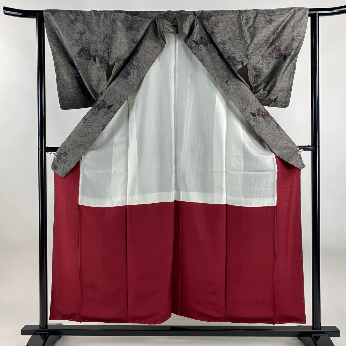 【美品】 紬織織 身長157.5cm 袖長62cm S 雙層 蝶 流水 黑灰 純蠶絲 秀品級